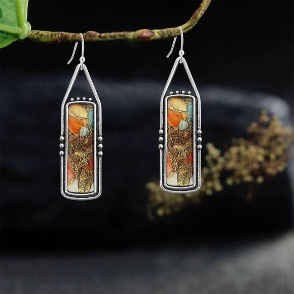 Orange Handmade Bohemian Tribal Retro Colorful Square Bar Dangle Drop Earring - Picture 6 of 6